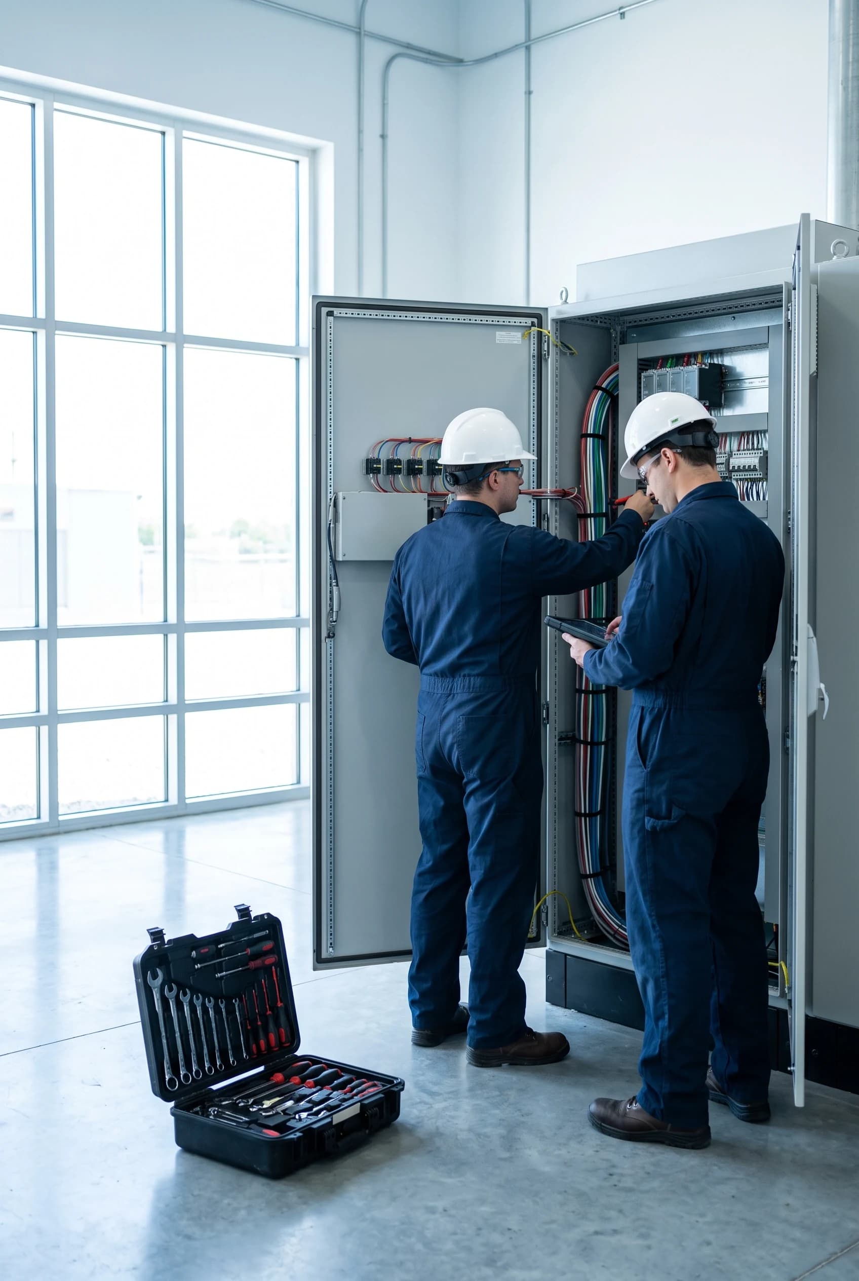 Two service technicians working at an open control cabinet, one holding a tablet, a tool case open on the floor beside them